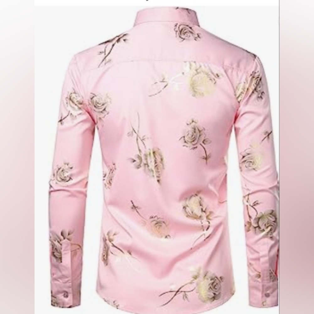 Mens Pink/Gold flowered Dressy Shirt - Picture 2 of 4